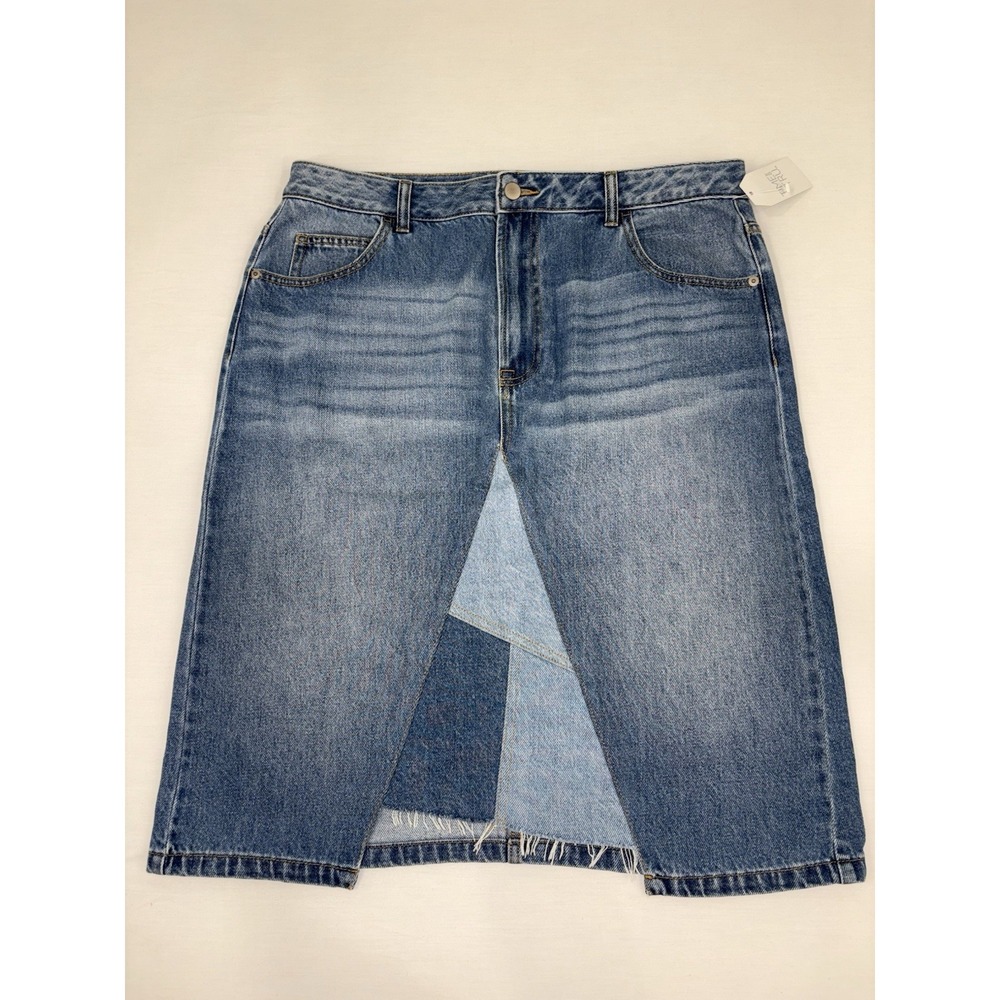 NWT Time Tru Skirt Womens 14 Blue Denim Patchwork Knee Length Pockets Jean